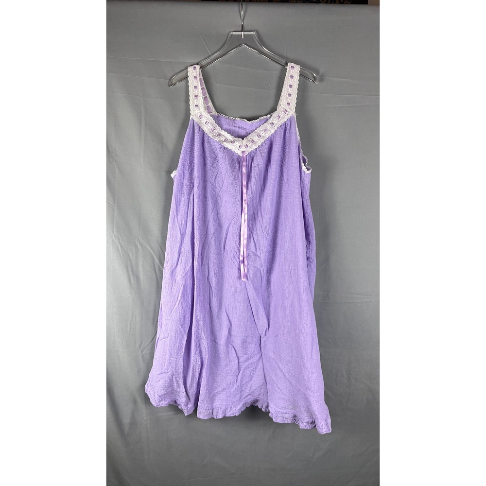 Roamans Nightgown Womens 2X Purple Crinkled Texture Lace Trim Cotton Sleepwear